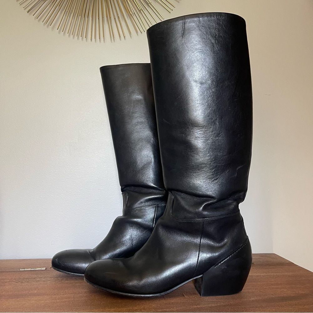 Vic Matie Black Leather Boots 37.5 | Italian Chic Block Heel Knee Boots
